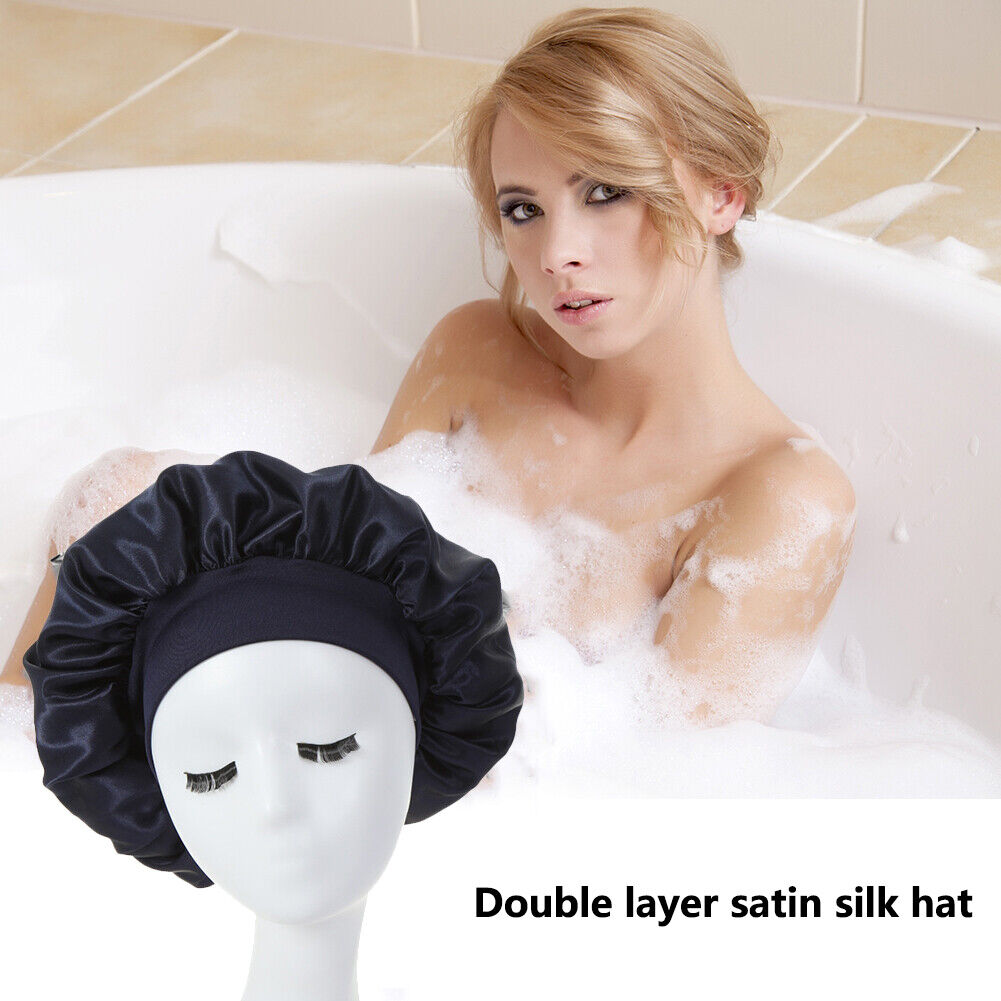 Women Night Sleep Hair Cap Satin Adjustable Curly Hair Styling Hat (Black)