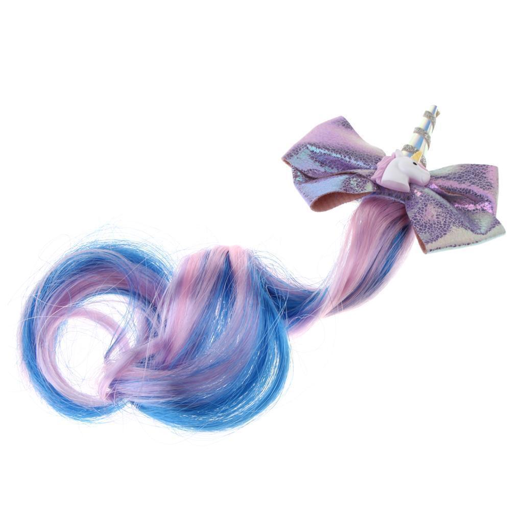 2Pcs Girls Cute Rainbow Unicorn Horn Hair Bow Hair Clip Clip on Extensions Wig