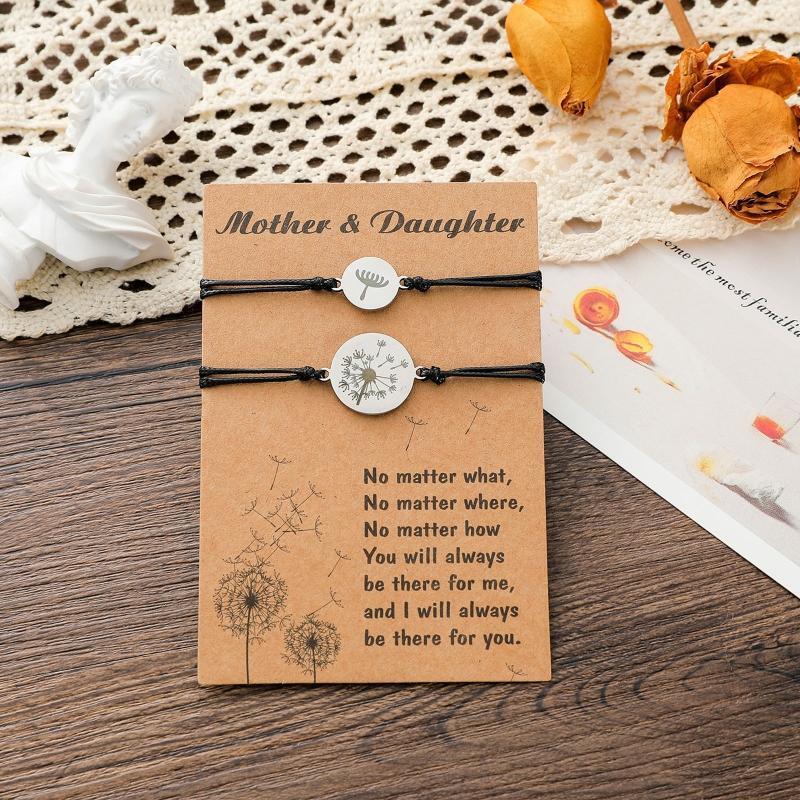 2Pcs Stainless Steel Dandelion Bracelets Set Adjustable Mother Daughter Bracelet