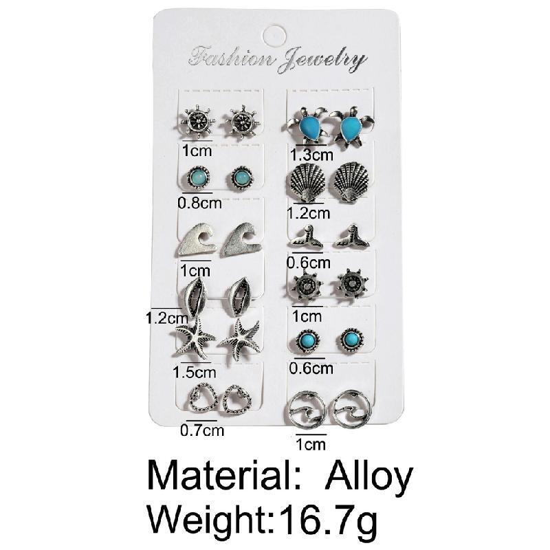 12 Pairs Mixed Turtle Starfish Shell Stud Earrings Set Attractive Beach Earrings