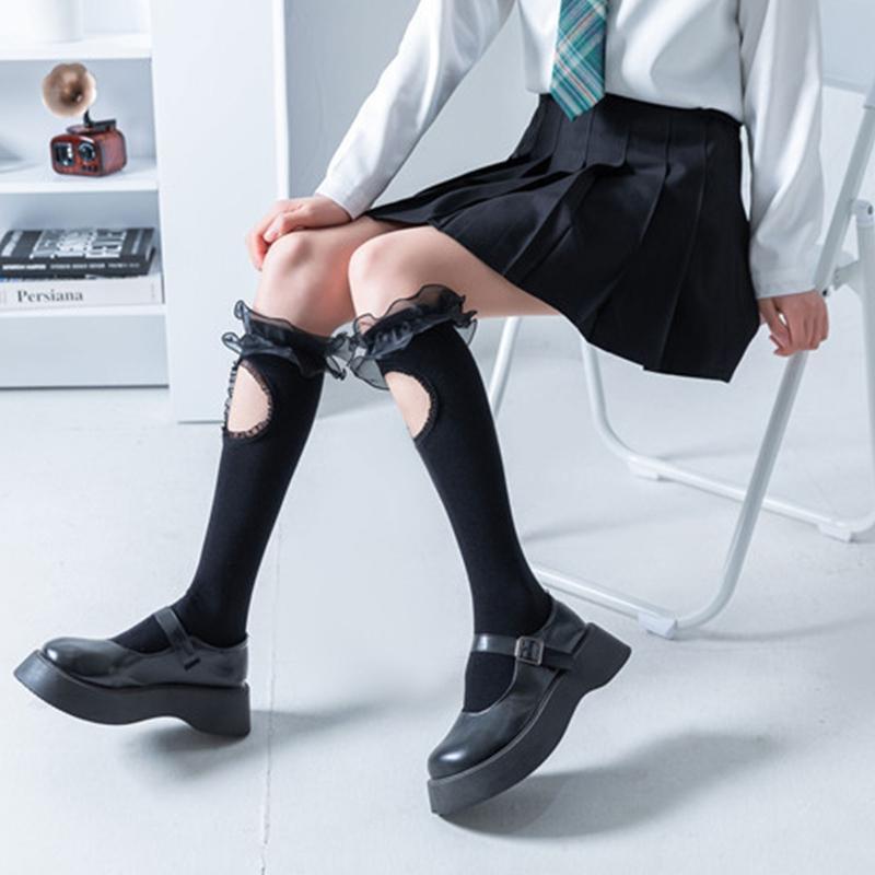 Women Cotton Black Knee High Socks Gothic Lolita Ruffled Trim Hollow Stockings
