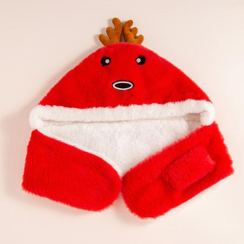 1-4Y Windproof Hooded Scarf Deer Winter Hat Scarf One Piece Head Warmer Fleece