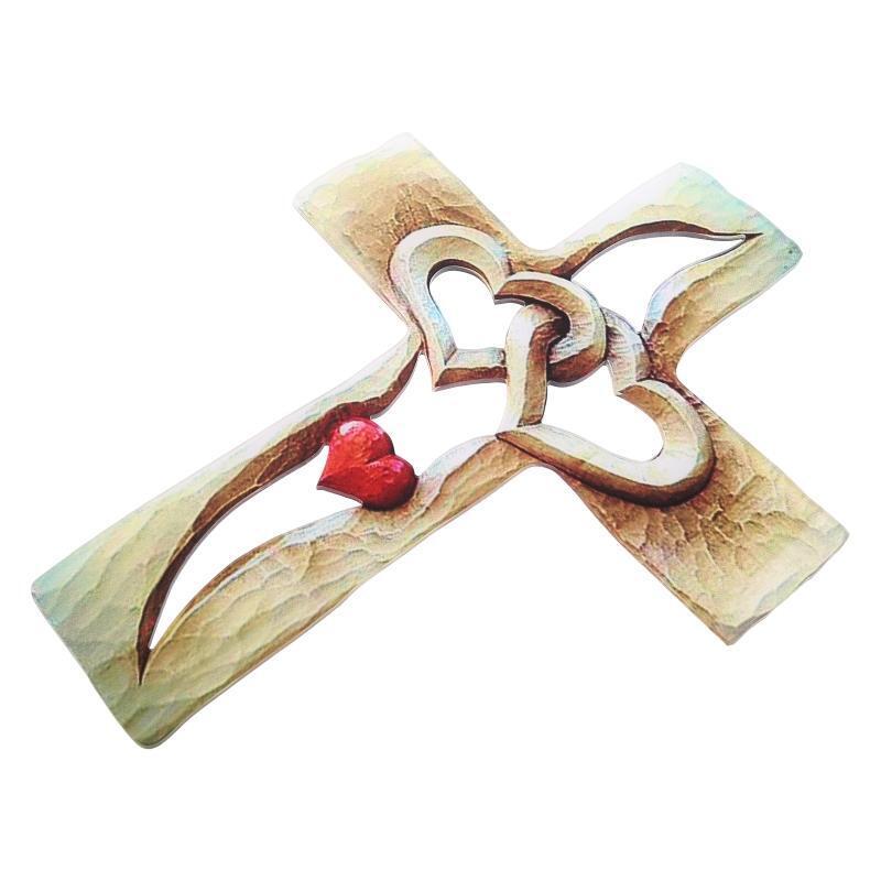 Carved Wooden Cross Valentine's Day Wooden Love Heart Cross Intertwined Hearts