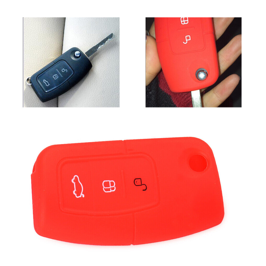 Red 3BTN Remote Key Fob Case Shell Silicone Cover Fit Ford Mondeo Kuga Galaxy Li
