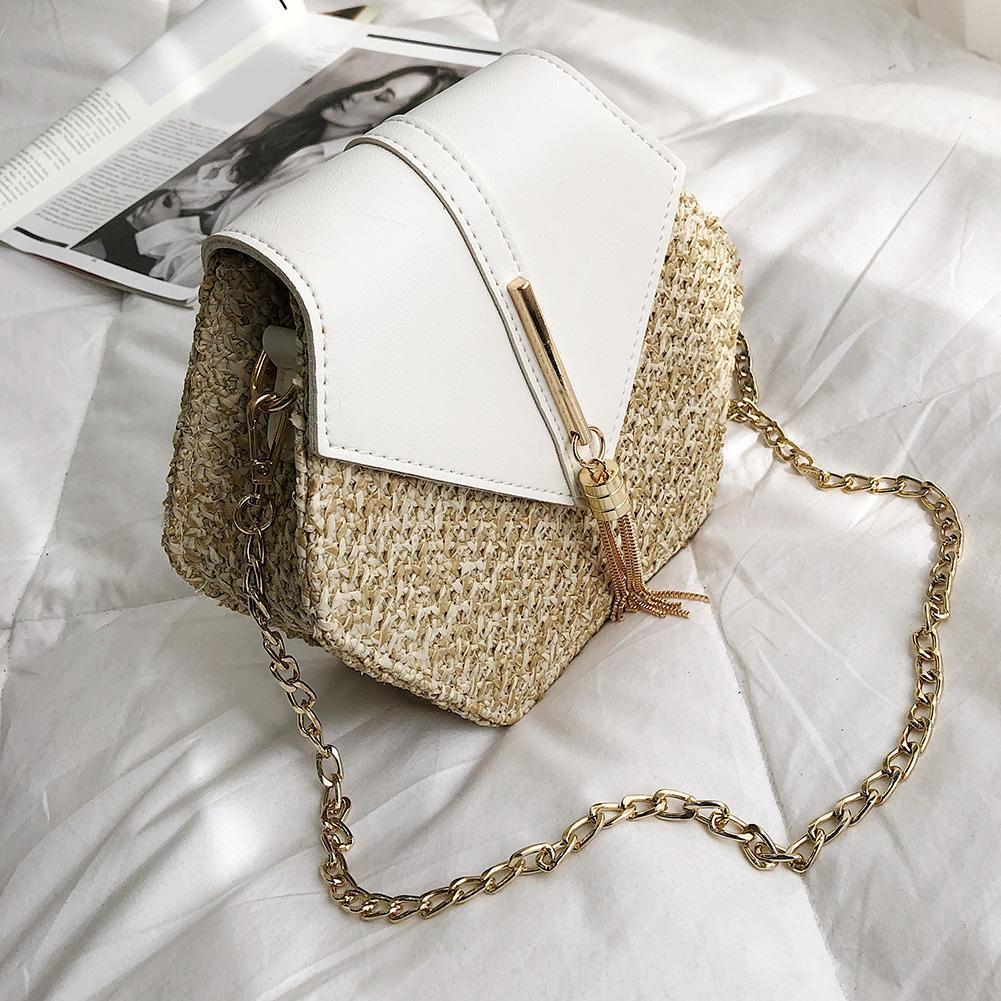 Hex-shape Straw+PU Shoulder Handbags Beach Women Top-handle Bags (White)