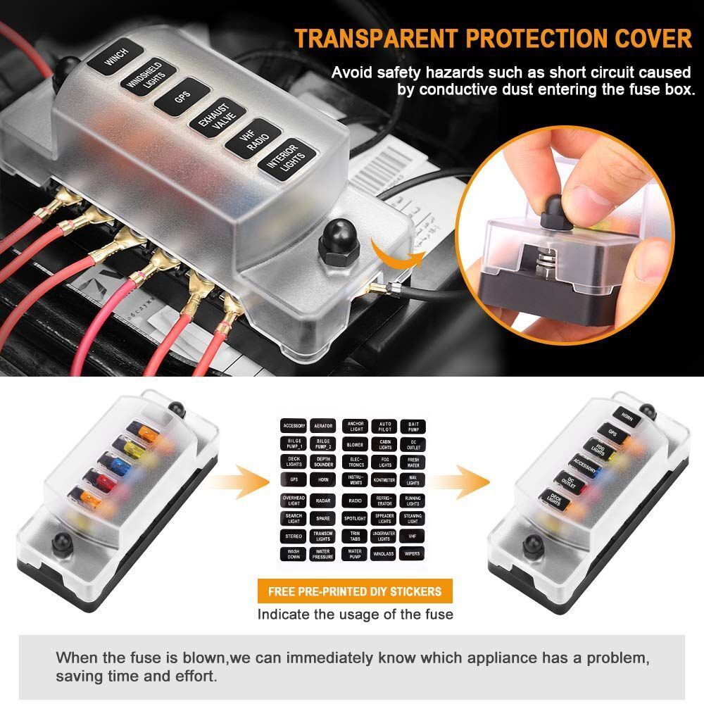 Boat RV Marine Car Accessory Block Fuse Box Plastic Cover Blade Fuse Holder
