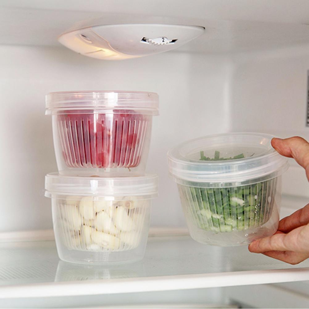 Round Drain Sealed Crisper Ginger Garlic Onion Food Fridge Storage Box Case