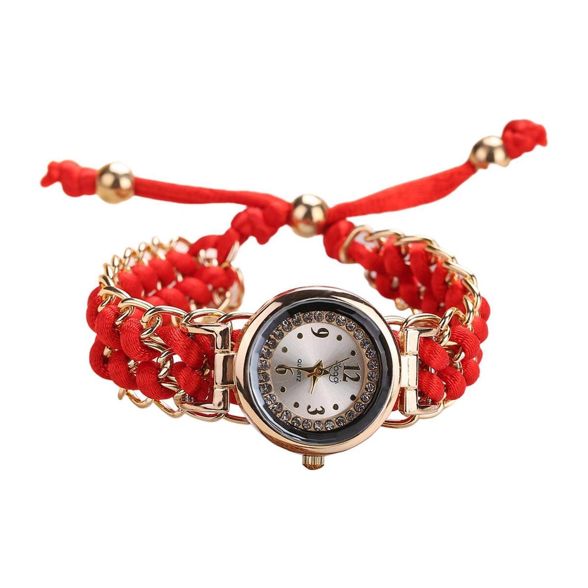 2Pcs Diamond Lady Quartz Watch Women Braided Rope Band Wrist Watch Gifts