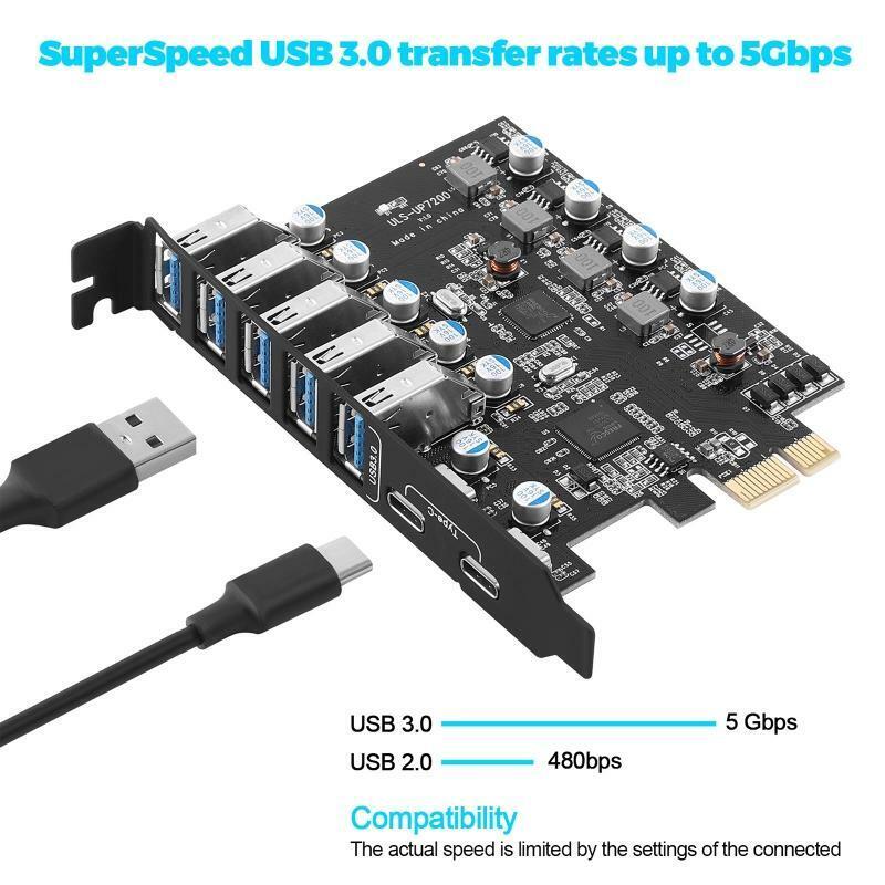 7 Ports USB 3.0 PCI Express Adapter Card Type C PCI-E Expansion PCIE USB 3.0 HUB