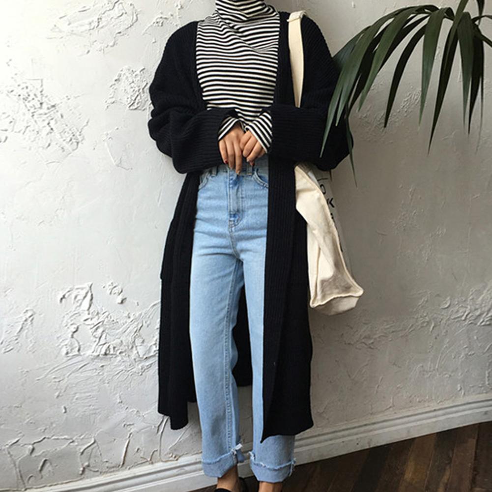 Women Long Sleeve Solid Knitted Autumn Winter Chic Sweater Coat (Black)