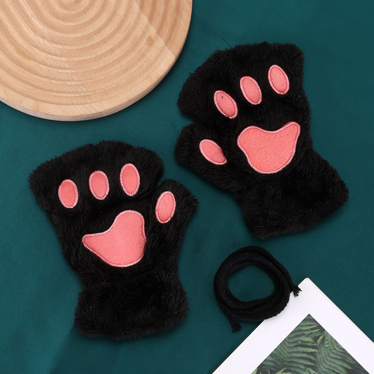 Cat Paw Gloves Durable Plush Cat Paw Fingerless Faux Fur Gloves (Black)