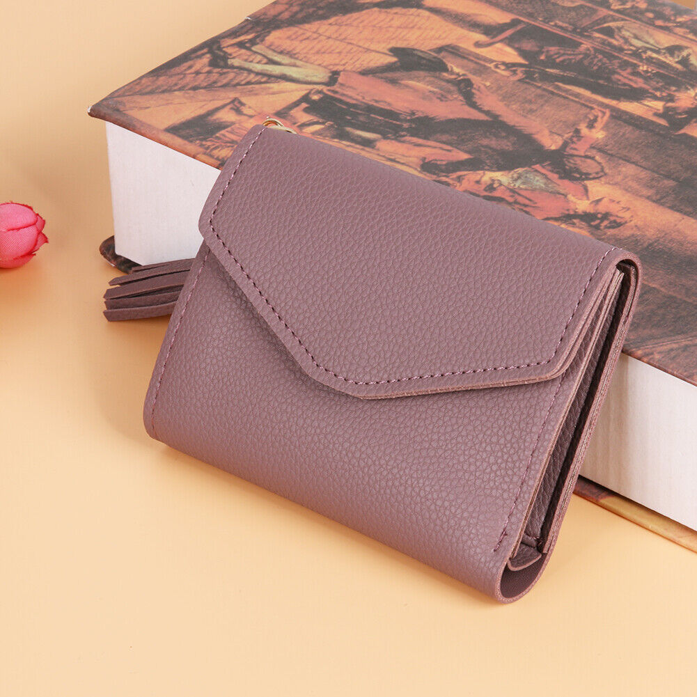 Women PU Leather Short Folding Wallet Tassel Card Coin Purse(Bean Red)