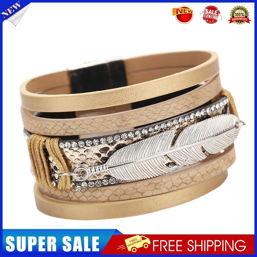 Alloy Feather Leaves Wide Magnetic Leather Bracelets Multilayer(Yellow)