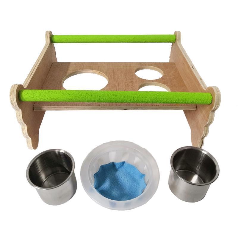 Bird Perch Table Stand Wood Playground with Feeding Cups for Parakeet Cockatiel