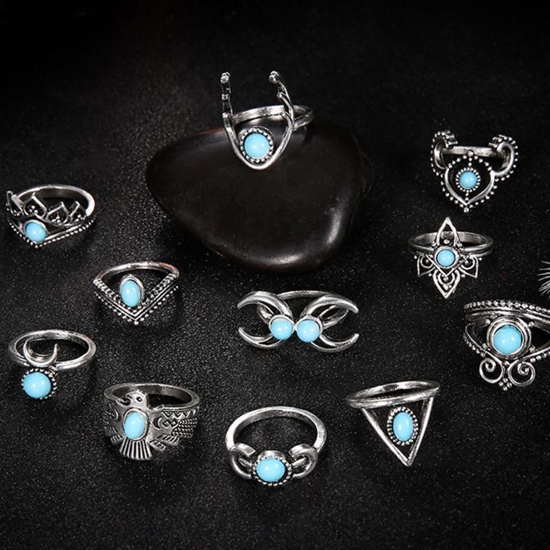 11Pieces Exquisite Women Ring Blue Oval Cut Fire Opal Diamond Band Rings Jewelry