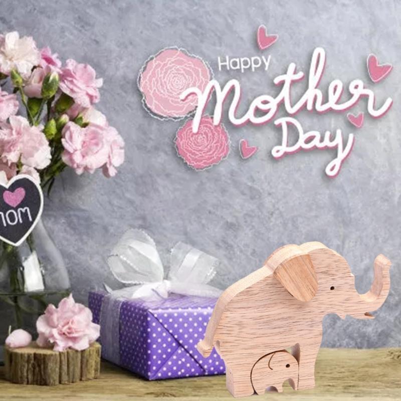 Elephant Mother and Child Family Wood Carving Ornament Table Decor