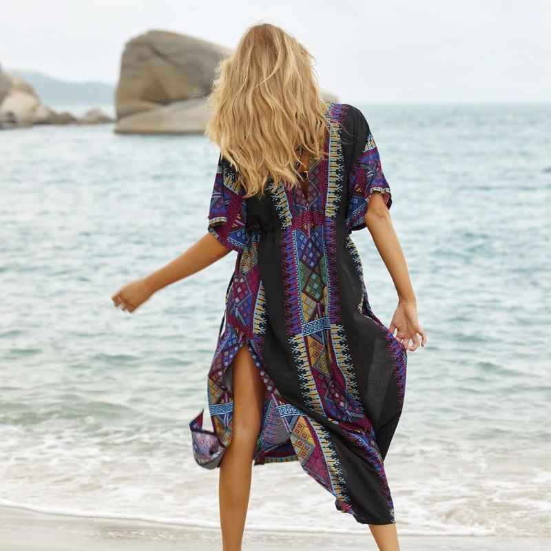 Women Geometry Print Boho V-Neck Bikini Cover Up Half Sleeve Beach Dress Kaftans