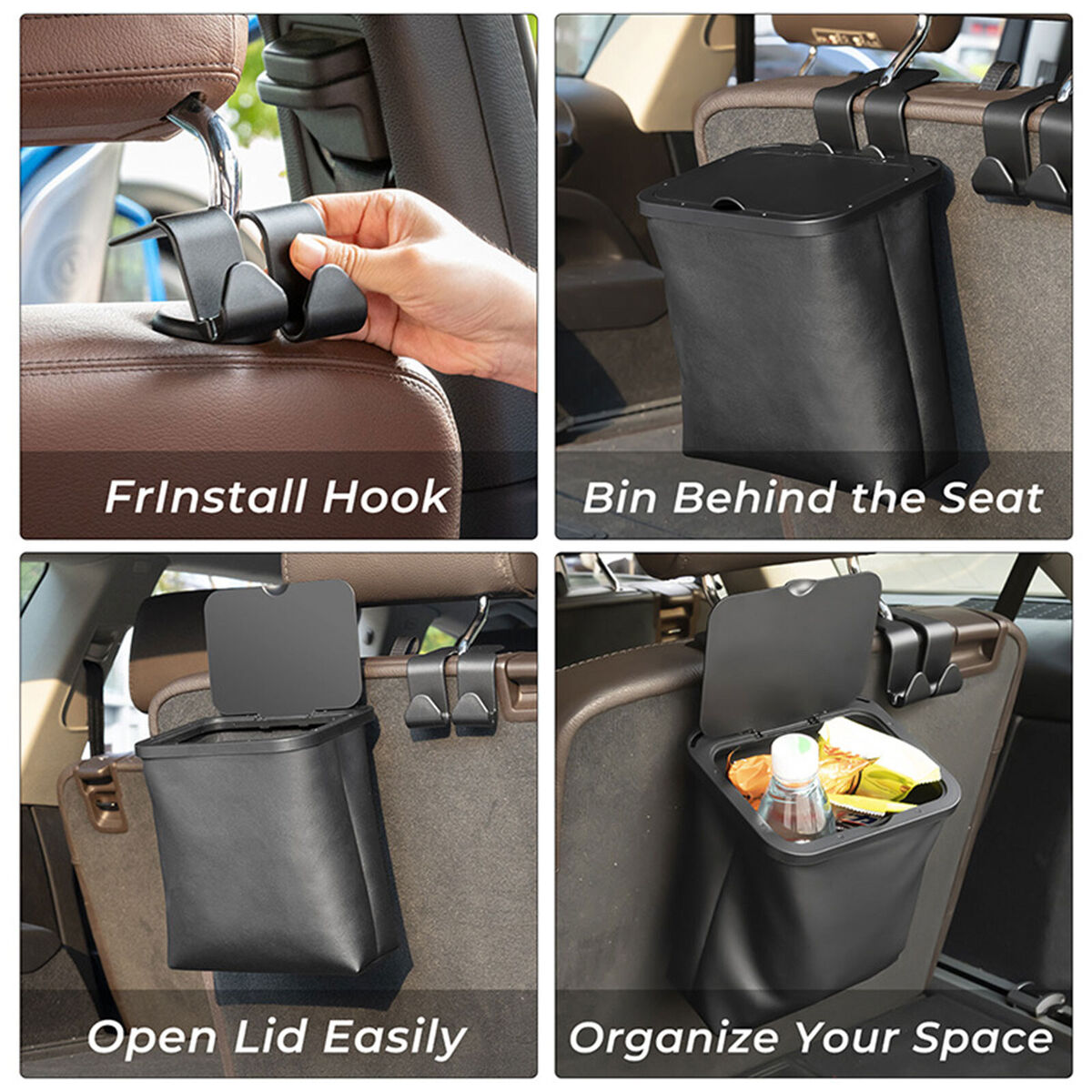 Leather Car Seat Trash Can with Lid Waterproof Storage/Waste Organizer Can