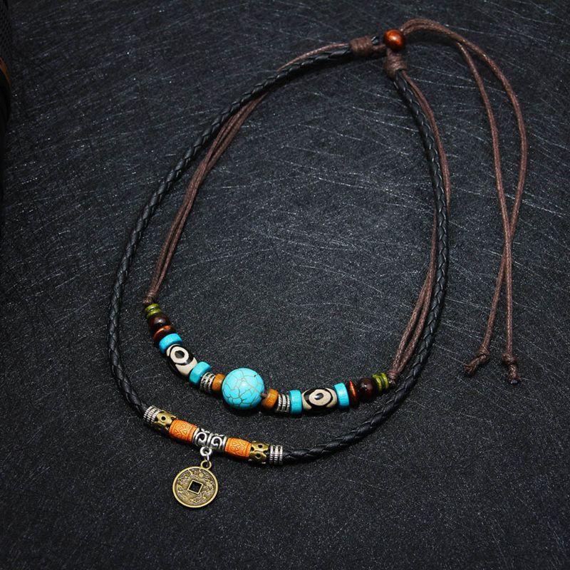 Fashion Necklace Ancient Tribe Man Adjustable Hemp Black Turquoise Bead Choker