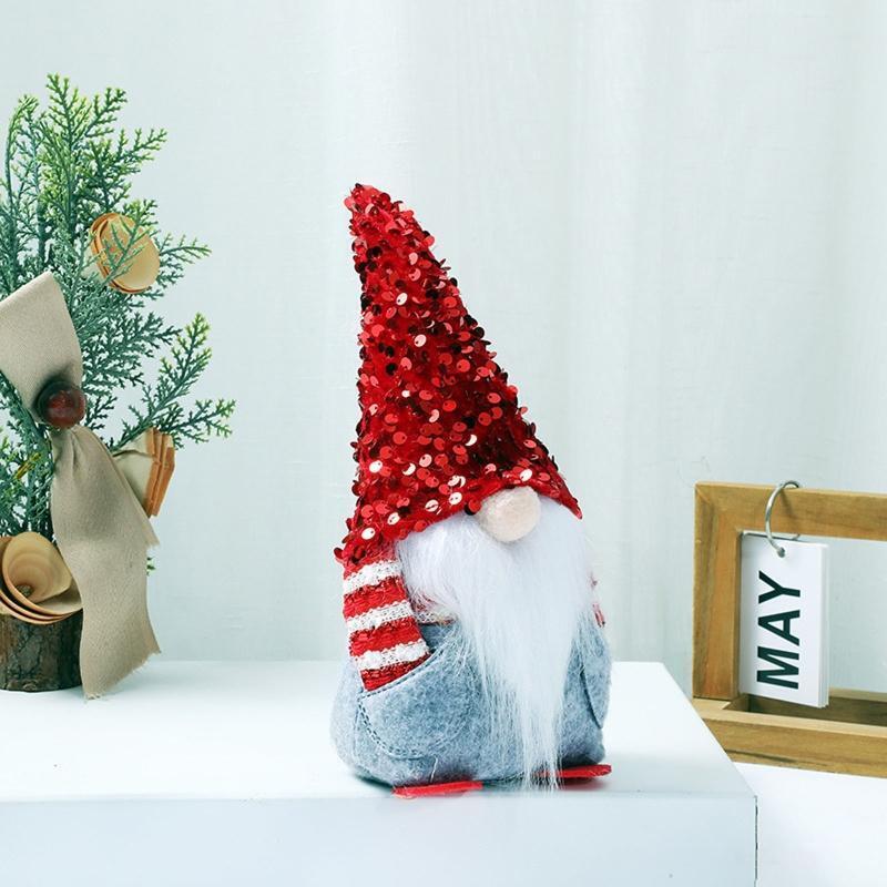 Christmas Gnome Red Sequins Hat Plush Beard Xmas Elf Decoration New Year Holiday