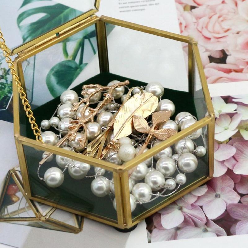 Hexagonal Clear Glass Metal Jewelry Box Decorative Slanted Top Lid Shadow Box