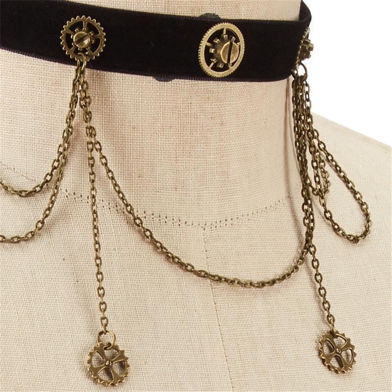 Women Girl Gothic Velvet Choker Metal Gear Chain Adjustable Necklace Accessories