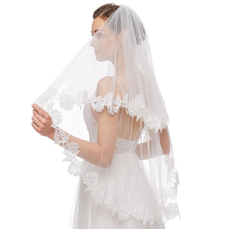 Wedding Veil with Comb 2-Layer Elbow Lace Trims Appliques Tulle Hair Accessories