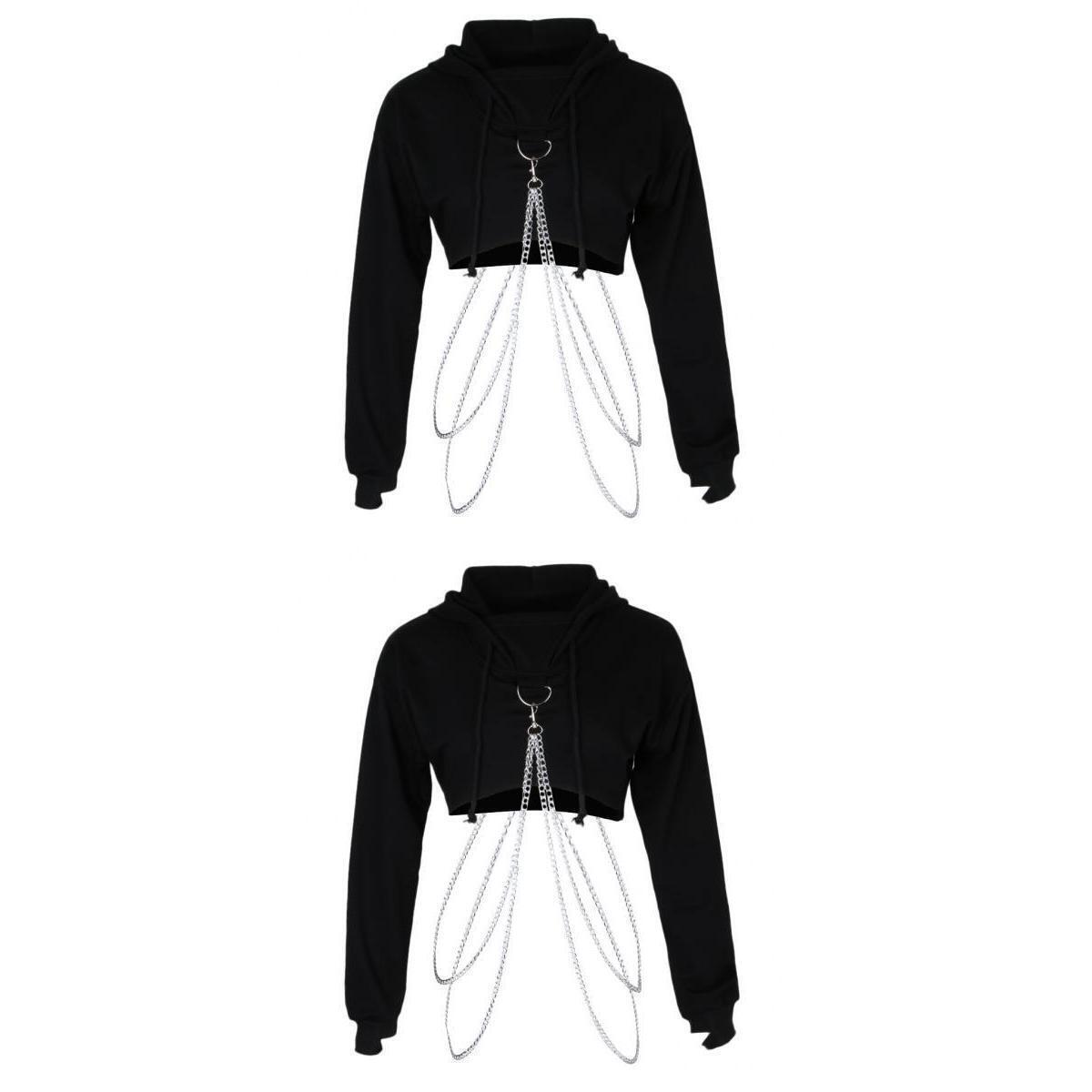 2x Women Fashion Long Sleeve Pullover Hoodie Crop Top Metal Chain Sweatshirt