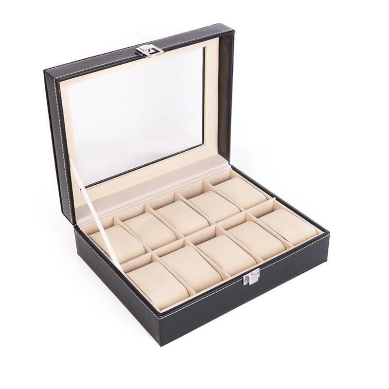 10 Grids Watch Box PU Leather Watches Display Case Jewelry Organizer with Lock