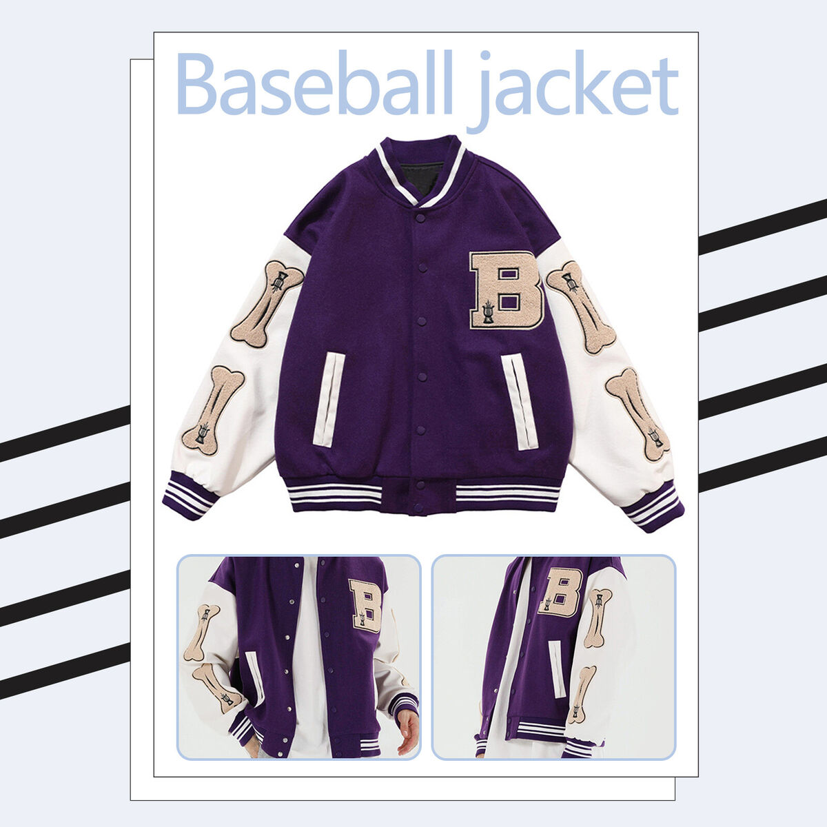 Letter Embroidered Jacket Leather Thick Baseball Uniform Coat (Purple 3XL)
