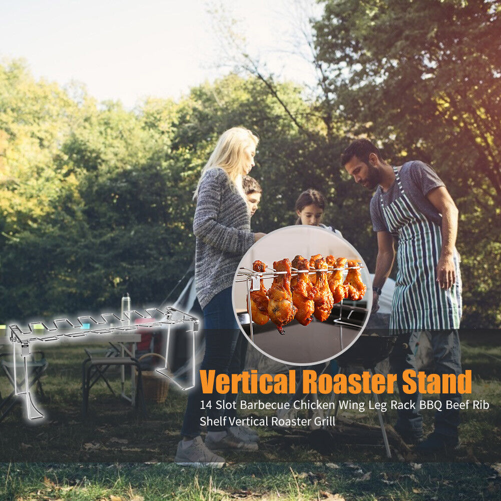 14 Slot Stainless Steel BBQ Rib Shelf Grill Barbecue Chicken Wing Leg Rack
