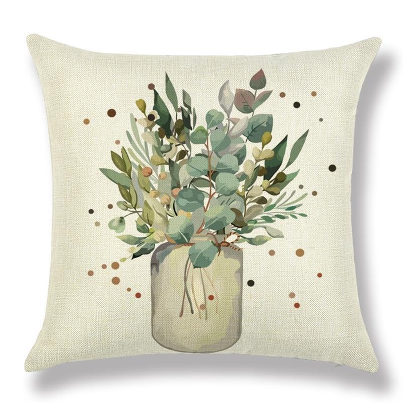 Linen Pillow Covers 4pcs/set Letters Vase Plant Eucalyptus Leaves Pillowcase