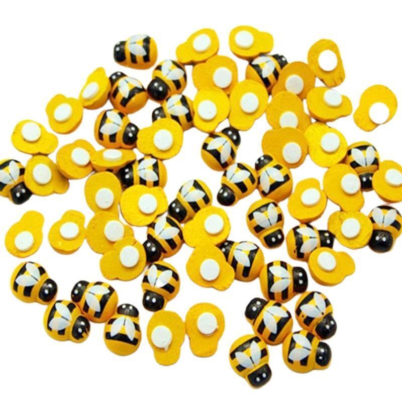 100 Pcs Tiny Wooden Bee Embellishments Self-Adhesive Painted Flatback Bumble Bee