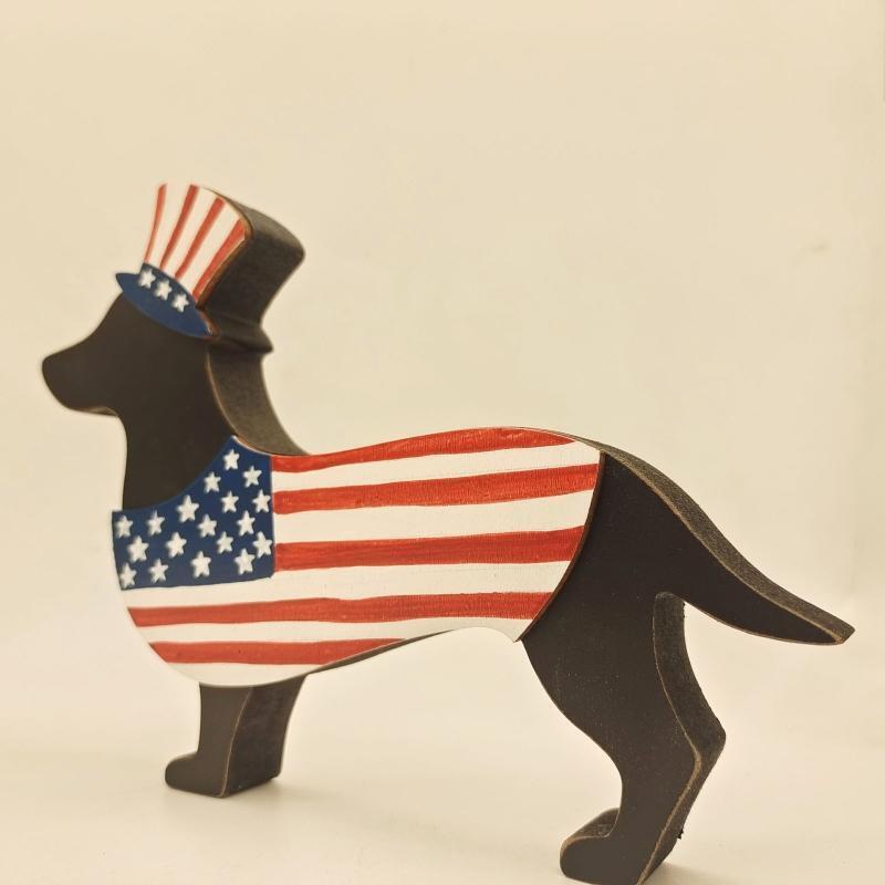 Independence Day Wooden Carved Dog Ornament 4th of July Wood Crafts