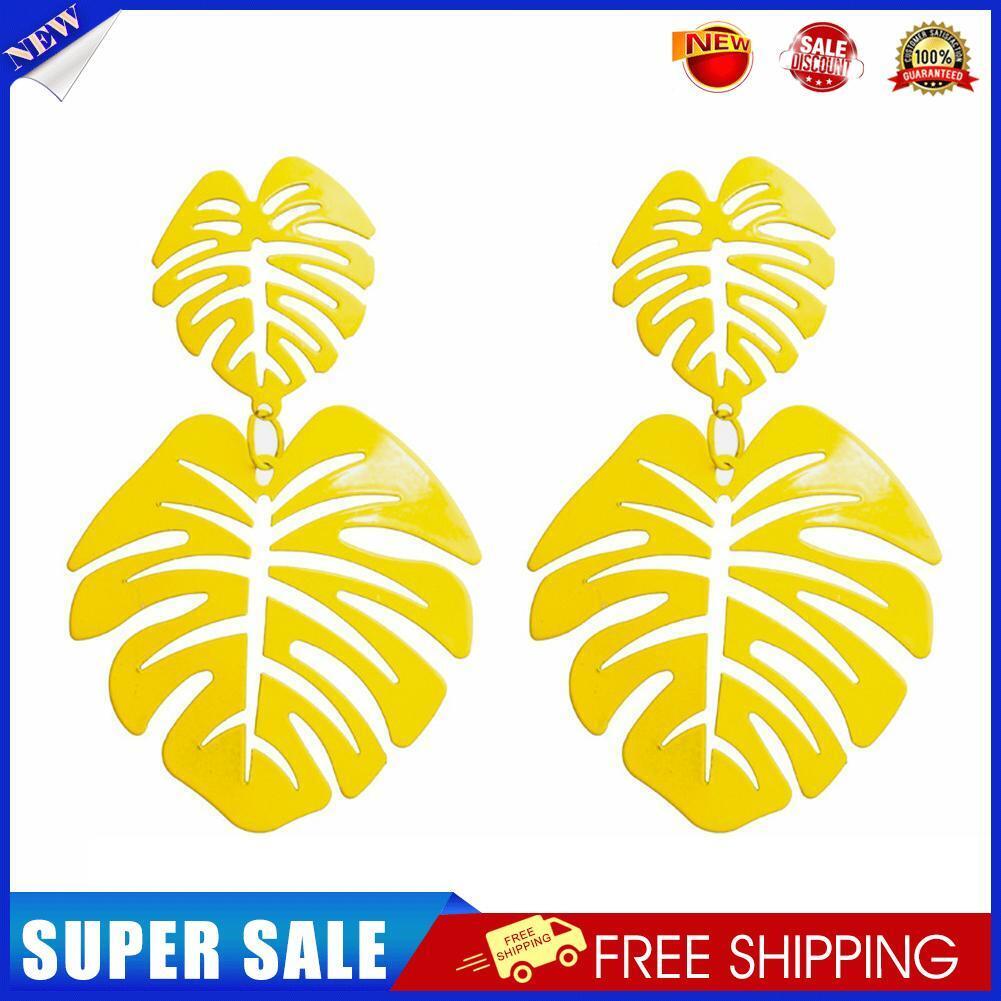 Hollowed Leaf Dangle Ear Stud Elegant Women Drop Earrings Jewelry (Yellow)