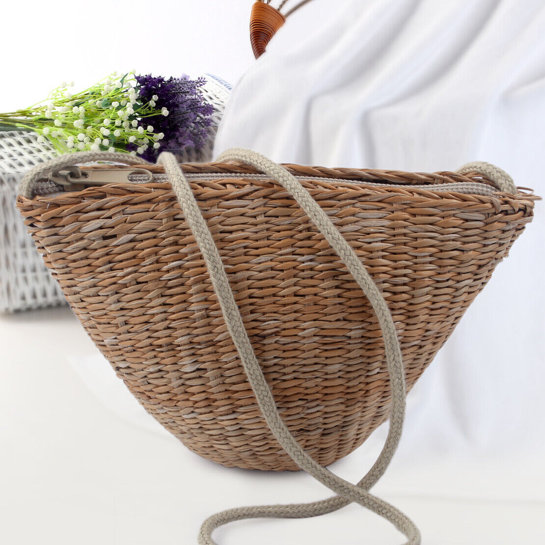 Women Handmade Natural Straw Woven Bag Handbag Summer Beach Tote Shoulder Bag Li