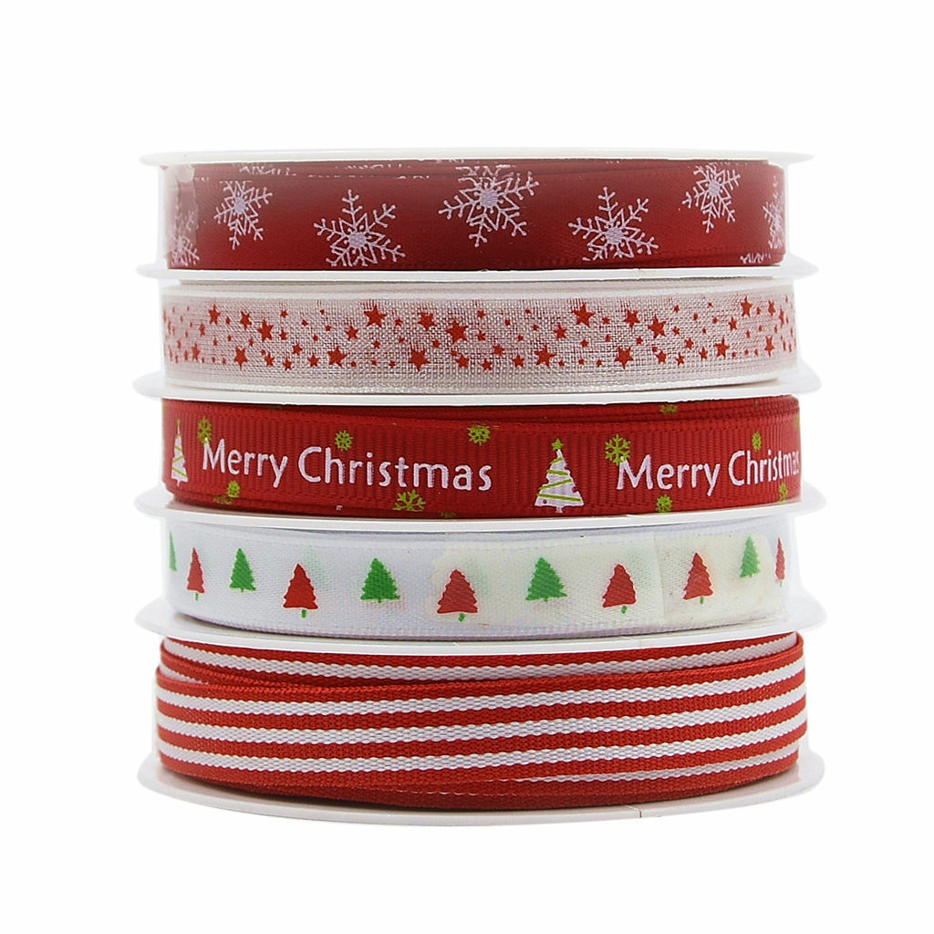 5Pcs Christmas Ribbon, Grosgrain Satin Fabric  Ribbons for Crafts Holiday