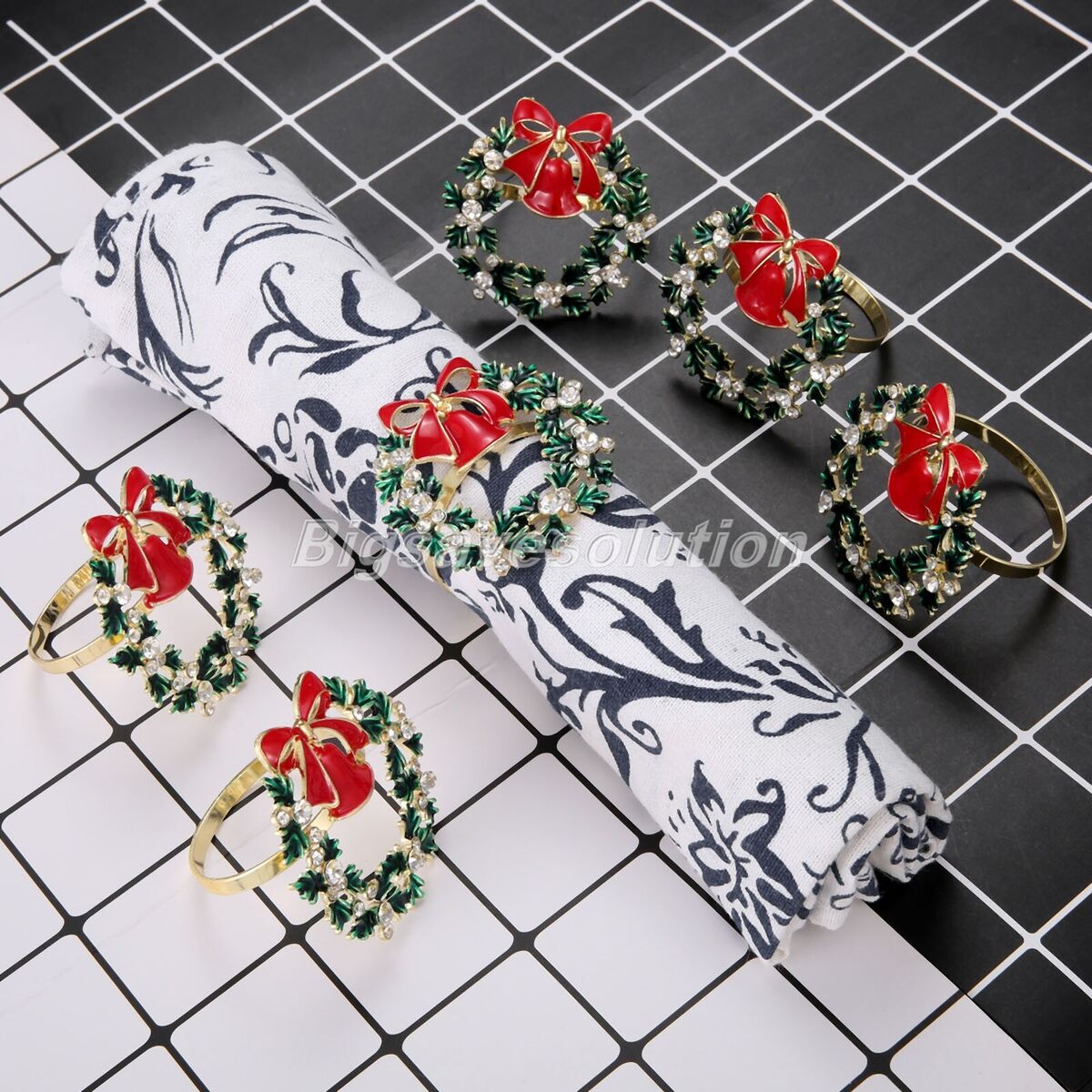 6pcs Christmas Tree Napkin Rings Bow Flower Wreath Buckle Xmas Thanksgiving Use
