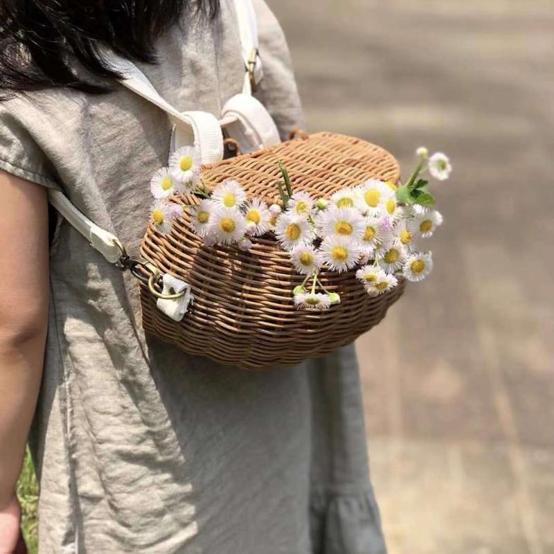 Portable Rattan Basket Shoulder Bag with Long Strap Kids Woven Basket Bag Props