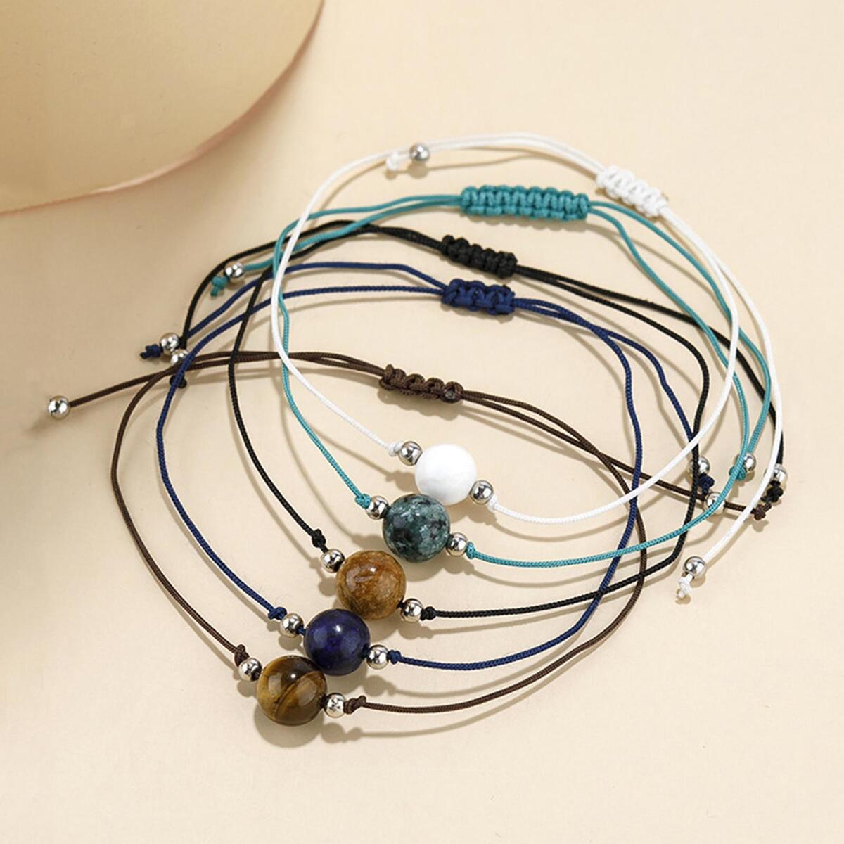 5 Pieces Braided Bead Bracelet Adjustable Wrist Jewelry Bangles for
