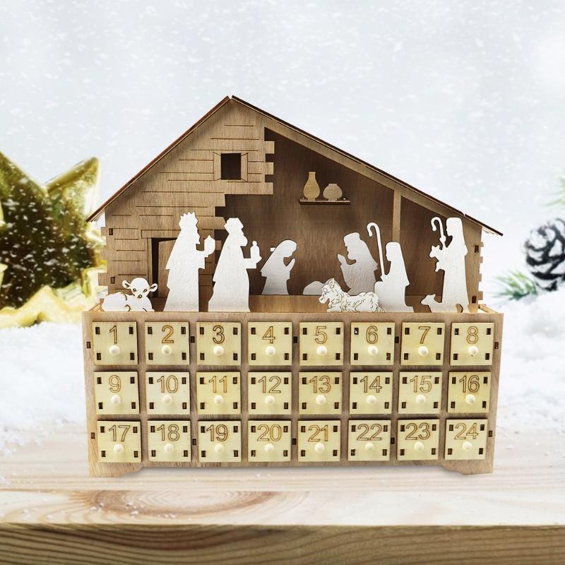 Christmas Advent Calendar Wooden Jesus Decoration LED Battery Operated Holiday