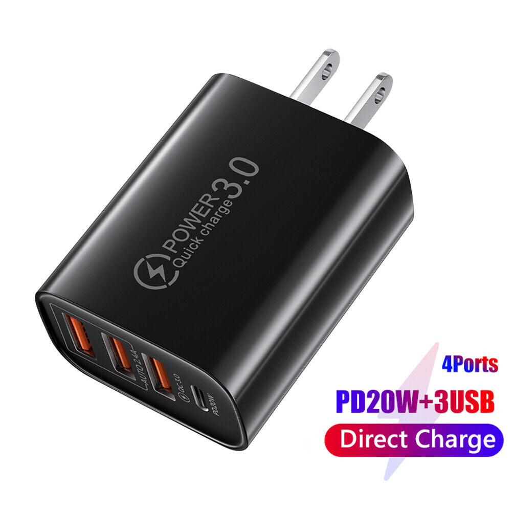 3USB+PD20W Type-C Phone Charger Smartphone Charging Adapter (US Plug Black)