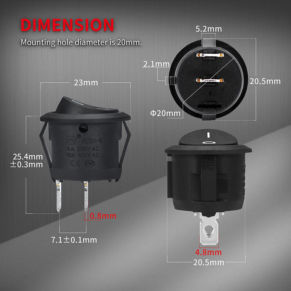 5pcs Round Rocker Switch ON Off DC12V-24V Toggle Switch for Car Automotive