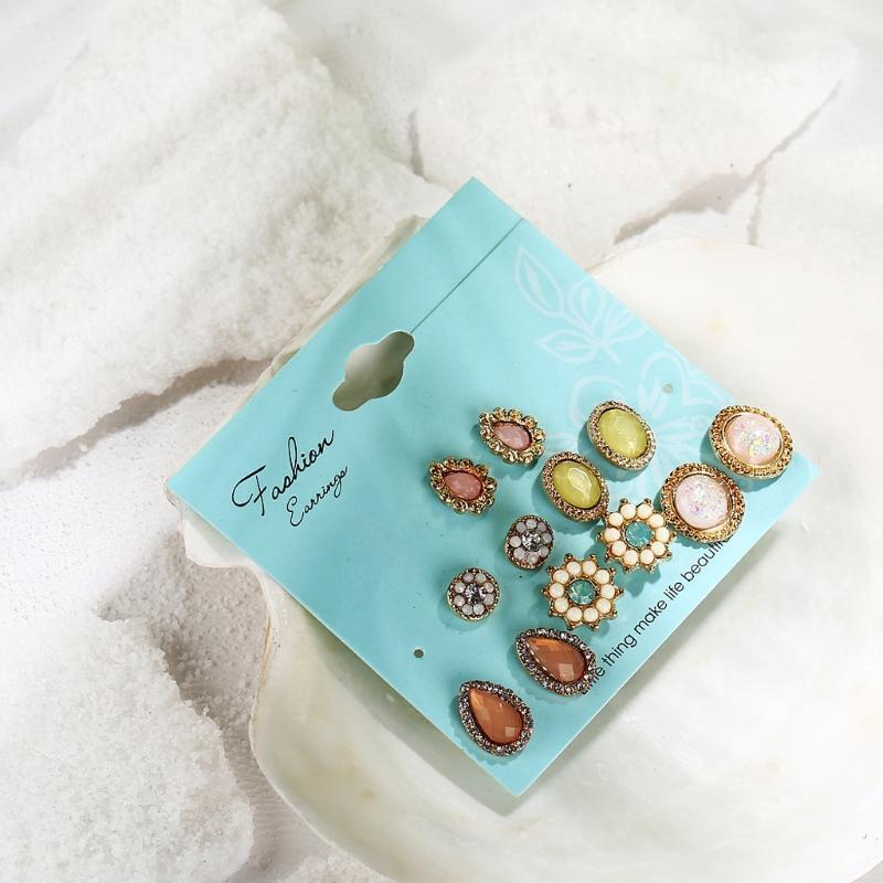 Bohemia Assorted Flower Opals CZ Stone Stud Earrings Set Women Statement Jewelry