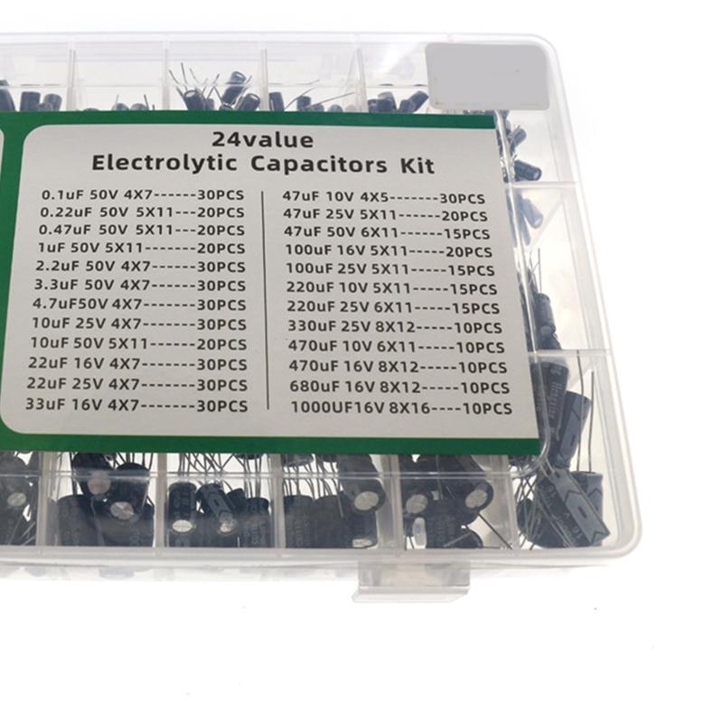 500Pcs/lot 0.1UF-1000UF 24Values Aluminum 16-50V Mix Electrolytic Capacitor Kit