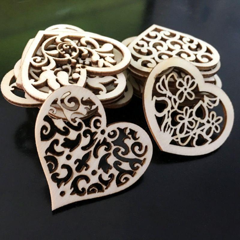 50pcs Carving Hollow Heart Flower Wooden Painting Scrapbooking Craft Handmade