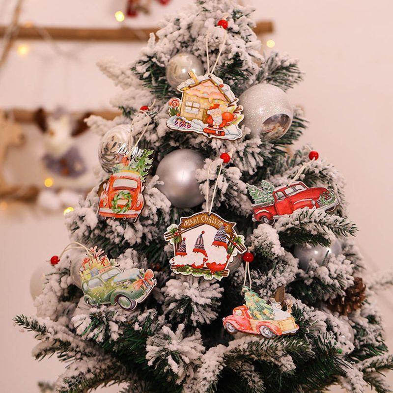12pcs Wooden Painted Colorful Car Christmas Tree Pendant Ornaments Xmas New Year