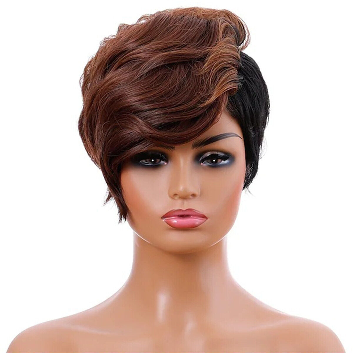Short Black Wig with Mixed Brown Bangs Pixie Cut Wig Synthetic Hair for Women