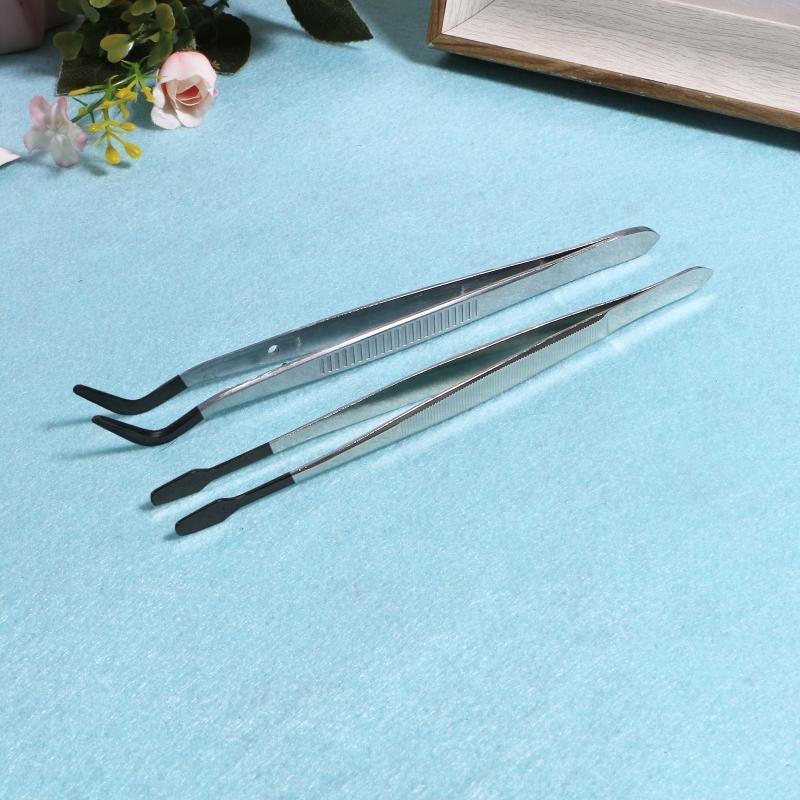 Stainless Steel Tweezers with Rubber Tipped Set of 2 Straight Flat Bent Tip Twee