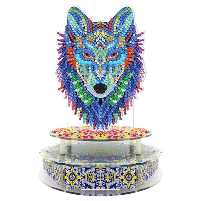 Colorful Wolf Head DIY Diamond Painting Mechanical Music Box with LED Light Gift